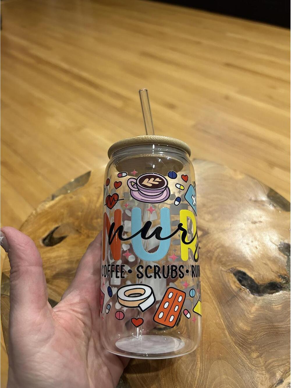 Medical-Themed Glass Tumbler with Straw and Lid and straw